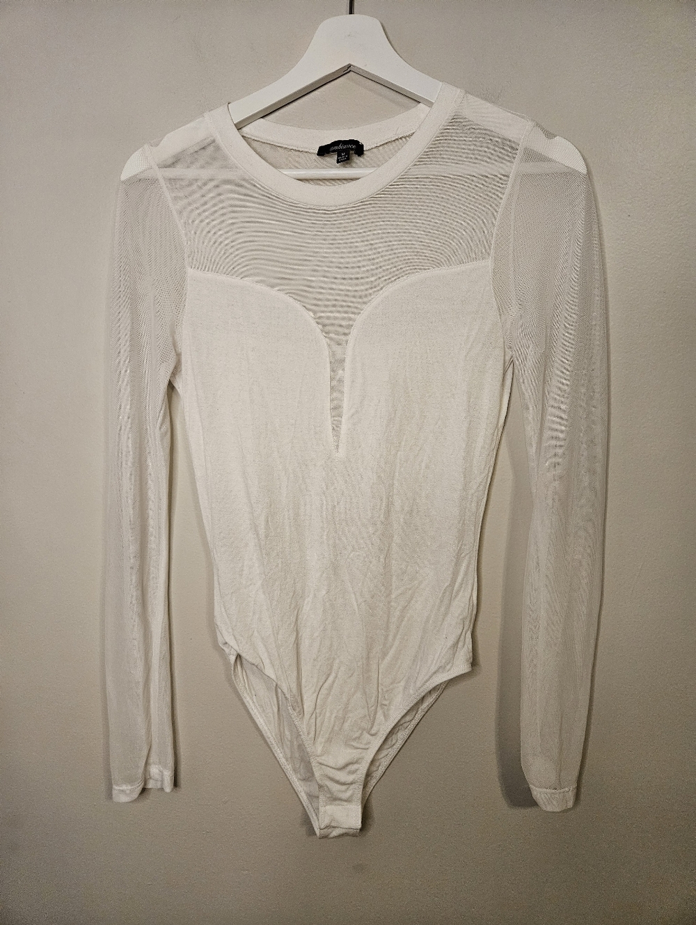 Ambiance white Long-Sleeve Mesh Bodysuit deep V-sweetheart mesh Neutral